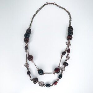 Chunky Two Strand Red & Brown Wooden Beaded Necklace w/ Bronze Metal Chain